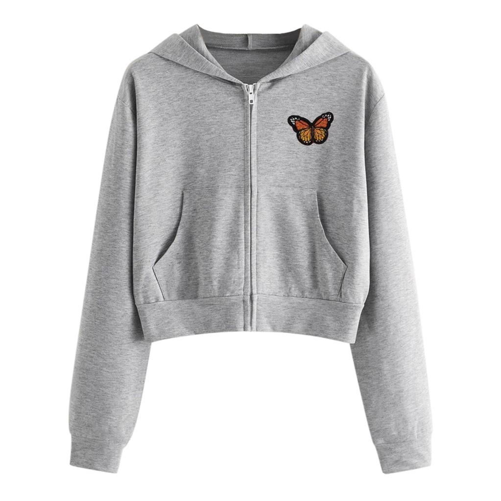 Women Embroidery Butterfly Long Sleeve Zipper Pocket Shirt Hooded Sweatshirt Top
