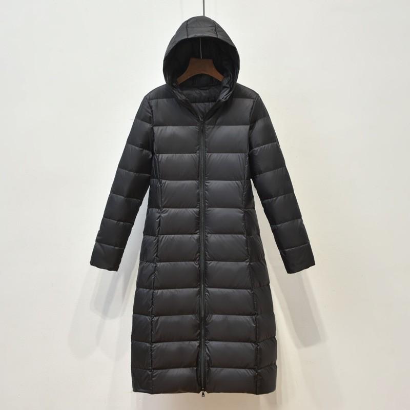 Womens Lightweight Long Down Coat With Hood Slim Fit Knee-Length Duck Jacket Winter