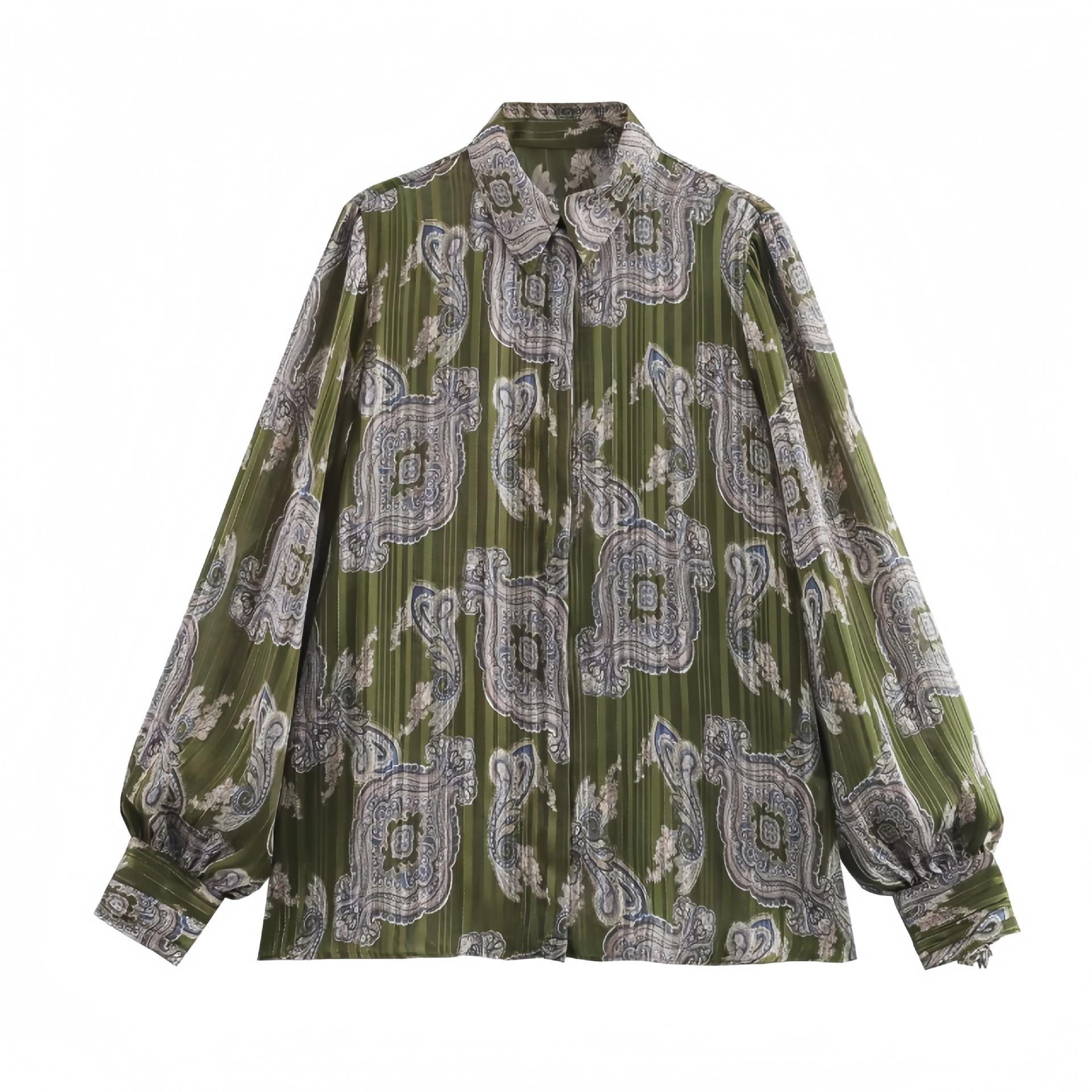 

2025 Весна Женская рубашка с отложным воротником и принтом из металлизированной нити M армия зеленый