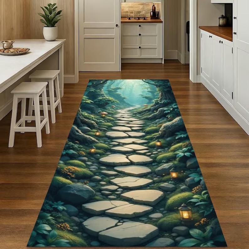 Enchanted Forest Path Runner Rug Magical Woodland Carpet with Glowing Lights Fantasy Hallway Washable Rug Home Decoration