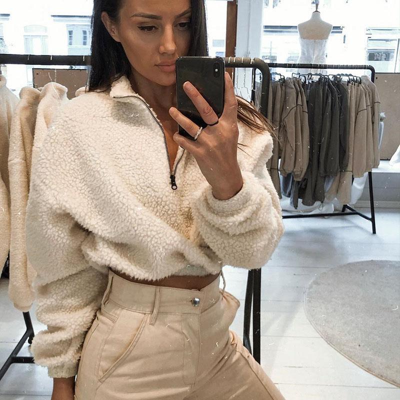 White Lamb Cashmere Short Pullover Woman Autumn New Plush Sweatshirts Ladies Streetwear Zipper Y2K Crop Tops