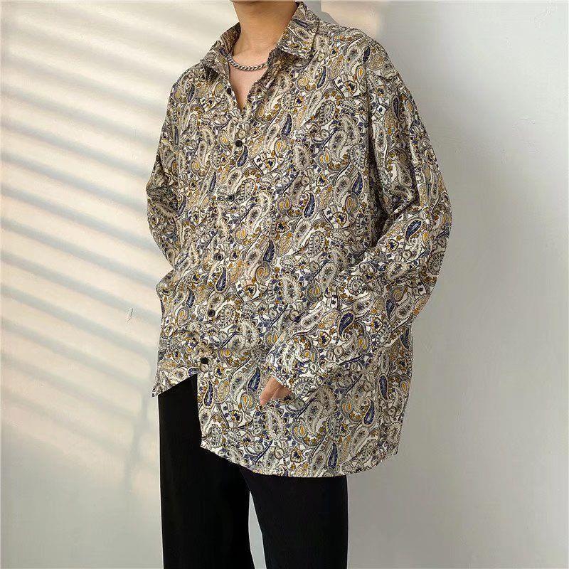 Unisex Thai Vintage Floral Long-Sleeve Shirt, Loose Fit for Street Dance, Spring/Autumn
