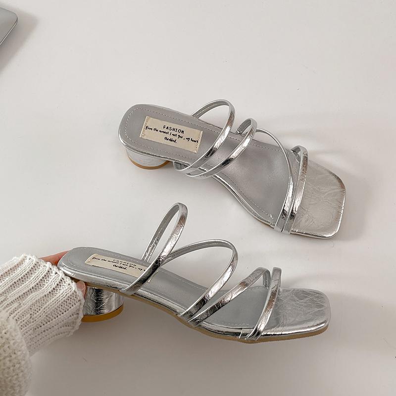 

Summer Square Toe Low Heel Women s Slippers Fashion Narrow Band Ladies Outdoor Dress Slide Sandals 35 серебряный