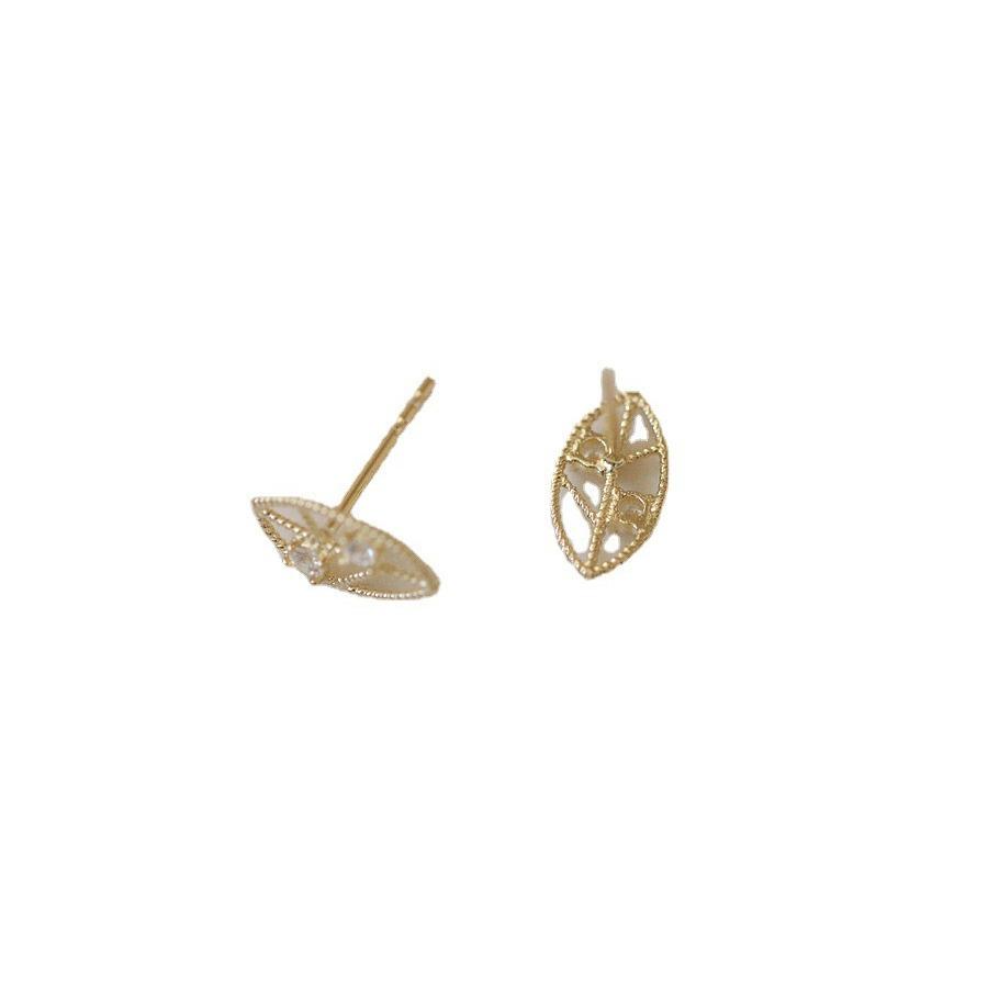 S925 Sterling Silver Gold Ear-Ring Clip Women's Hollow Small Leaf Delicate Bead-Set Diamond Shiny Earrings