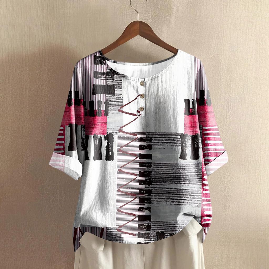 Women's Casual Mid-sleeve Round Neck Retro Floral Print Cotton And Linen Top