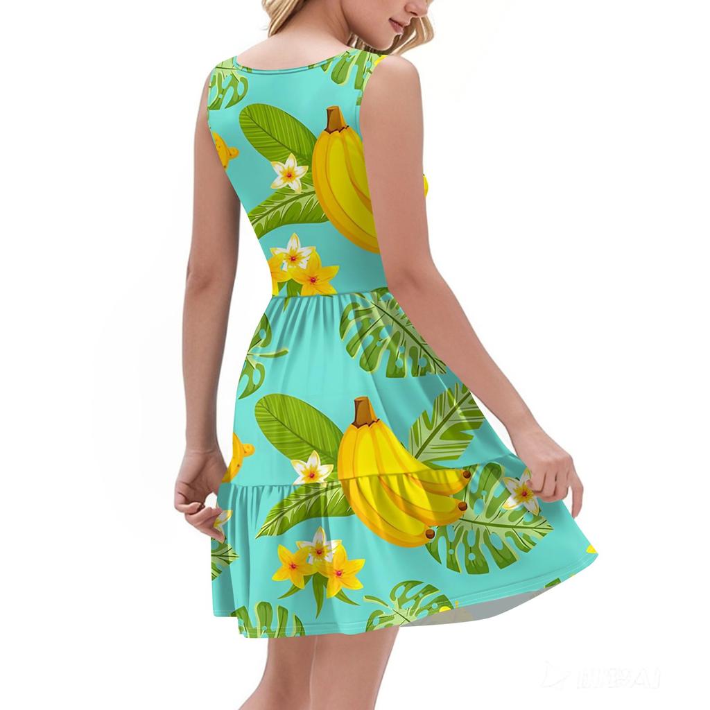 Women's Summer Fashion Casual V-Neck Pleated Stitching Hawaiian Floral Print Sleeveless Pocket Vest Dress