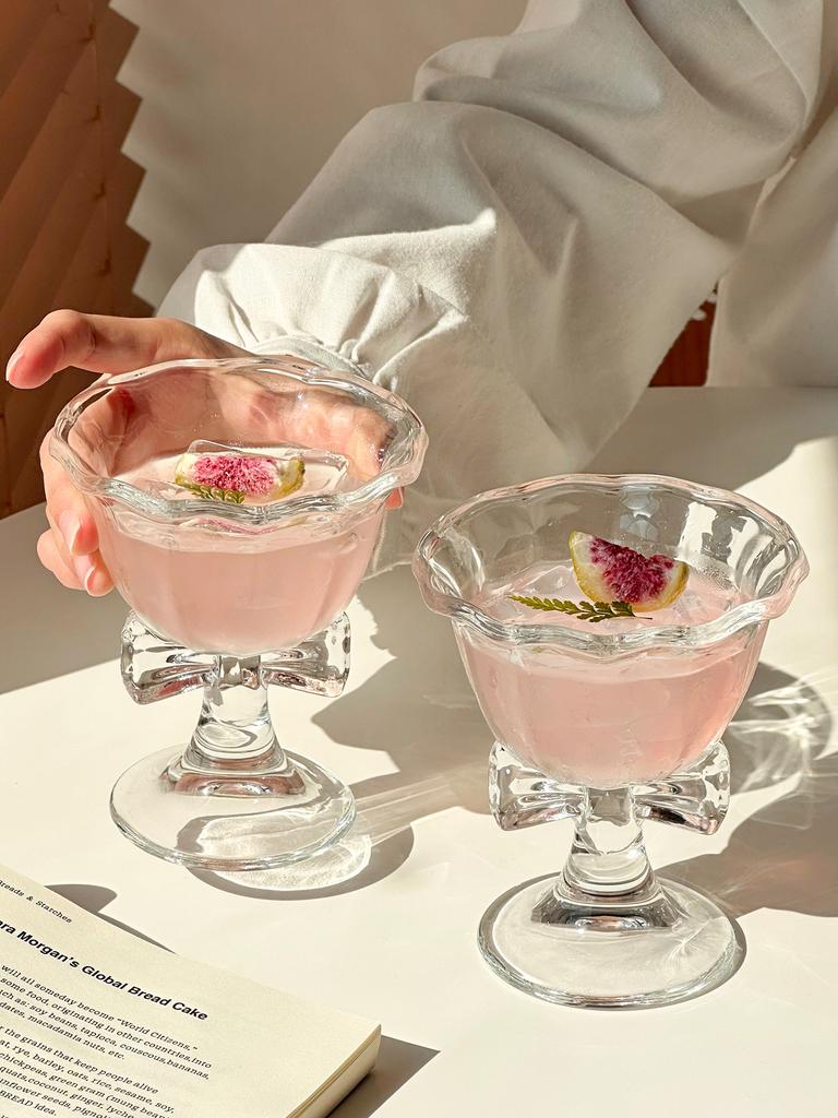 Cute Bow Handle Glass Cup Flower Shaped Wine Champagne Cocktail Glass Goblet Cup Dessert Bows
