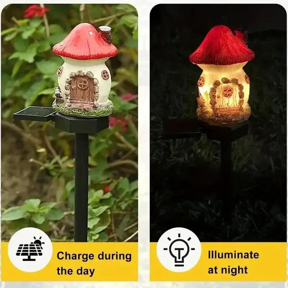 1pc Creative Solar Resin Mushroom House Light, Waterproof Small House Led Floor Plug Light For Outdoor Garden Lawn Decoration