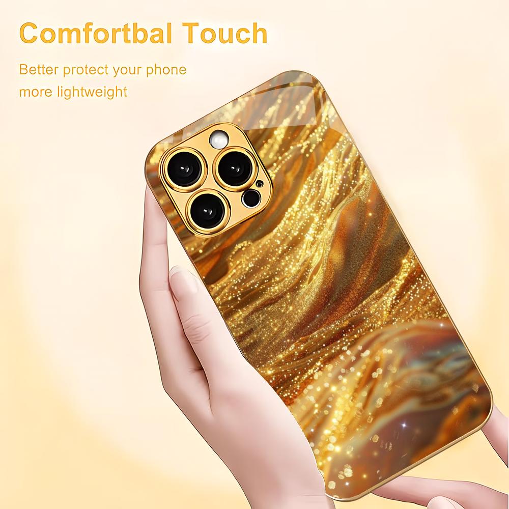 Gold textured electroplated glass phone case suitable for iPhone 17 16 15 14 13 12 11 Pro/Max/Plus shockproof back cover