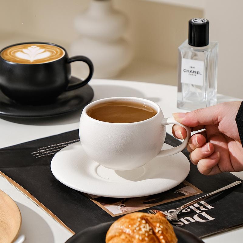 Frosted Ceramic Coffee Cups And Saucers High Value Solid Color Black And White Simple High Value Household Afternoon Teacup Set