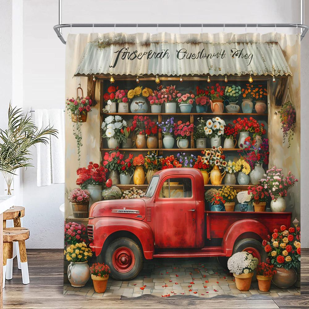 

Flower Shop Spring Shower Curtain Red Truck Blue Pickup Vintage Floral Bathroom Home Decor Polyester Bathtub Curtain With Hook W60H190(CM)-1 Pcs