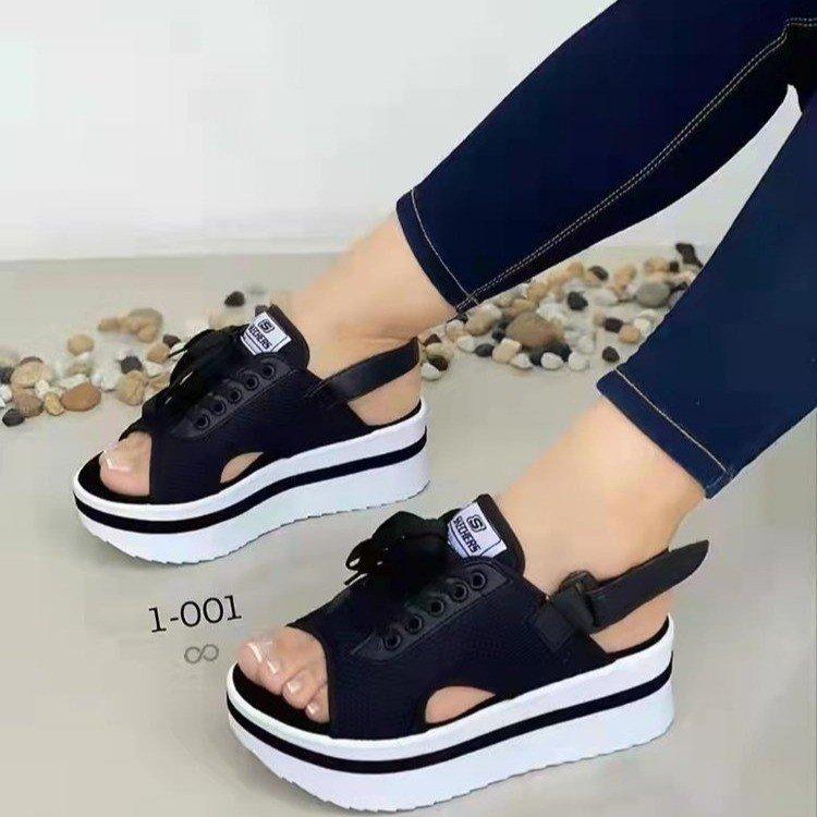 2025 European and American New Muffin Bottom Fish Mouth Lace-up Velcro One-word Buckle with Large Size Casual Women's Sandals