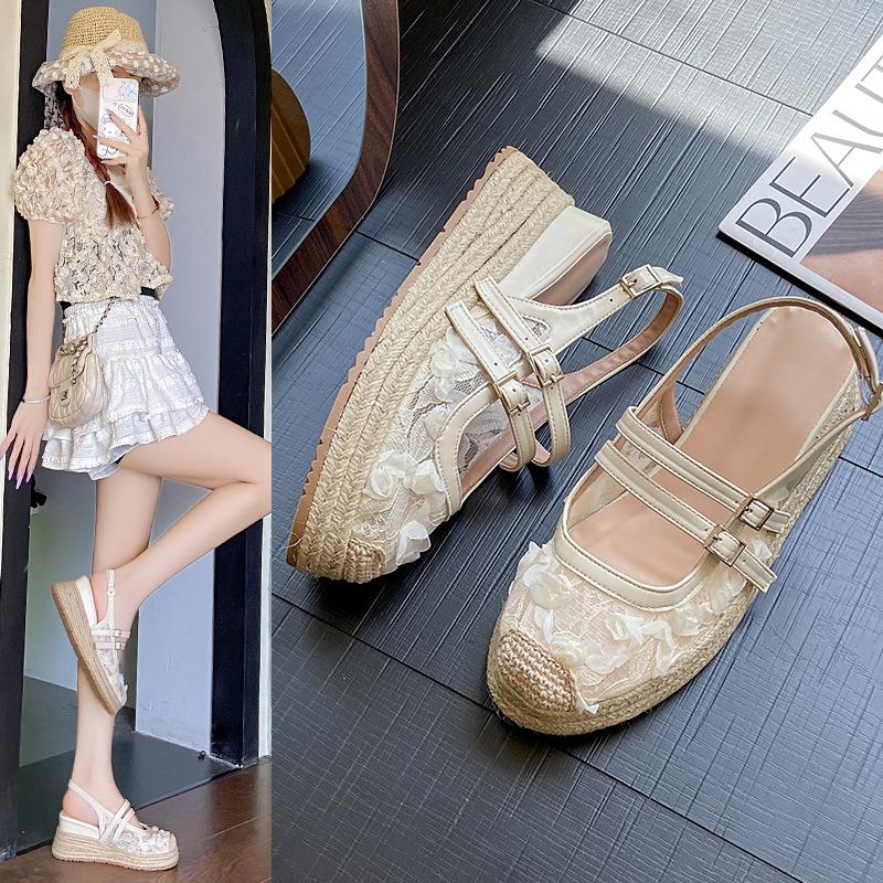 Fashion 2025 Summer Closed Toe Sandals Women's New Lace Mesh Hollow Breathable Platform Shoes Straw Fisherman Shoes with Skirt