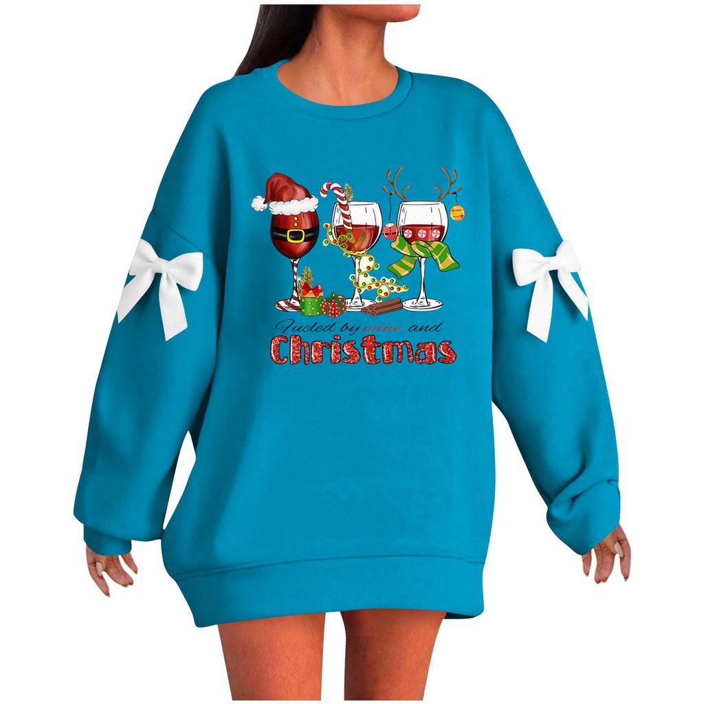 Ladies' Christmas Printed Bow Round Neck Long Sleeved Loose Pullover Sweater Sweatshirt Top
