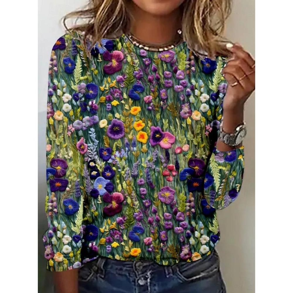 Spring and Autumn Round Neck Vintage Flower Graphic 3D Printed Top Fashionable Casual Long Sleeved Women's T-shirts