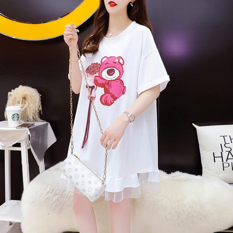 Summer O Neck Loose Casual Printing Mesh Patchwork T-shirt Dress Women Short Sleeve Pullover Tee Robe Top