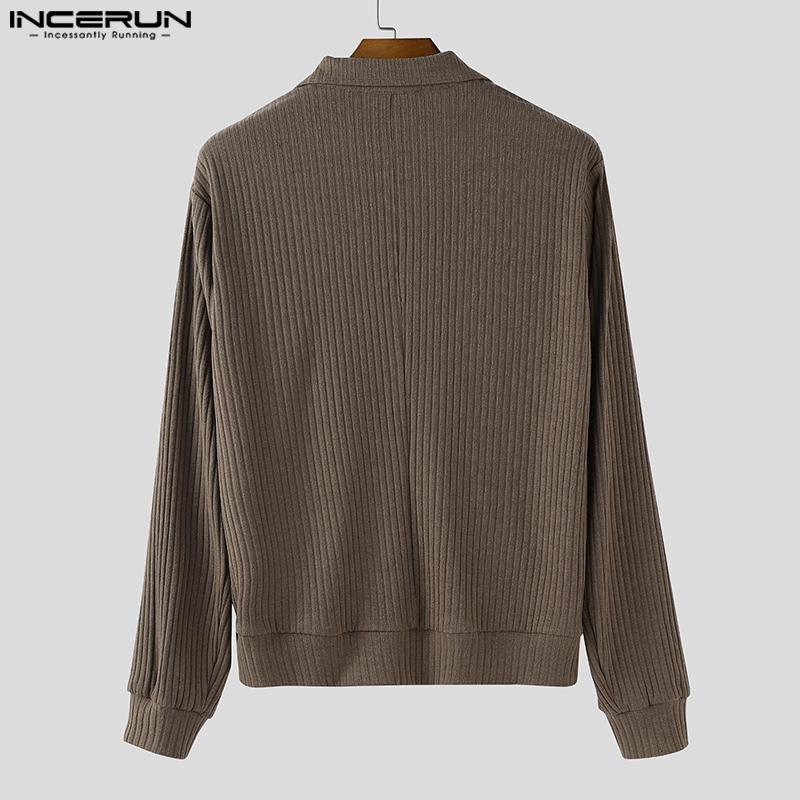 INCERUN Men Lapel Long Sleeve Double Breasted Casual Ribbed Knitted Jackets Coats