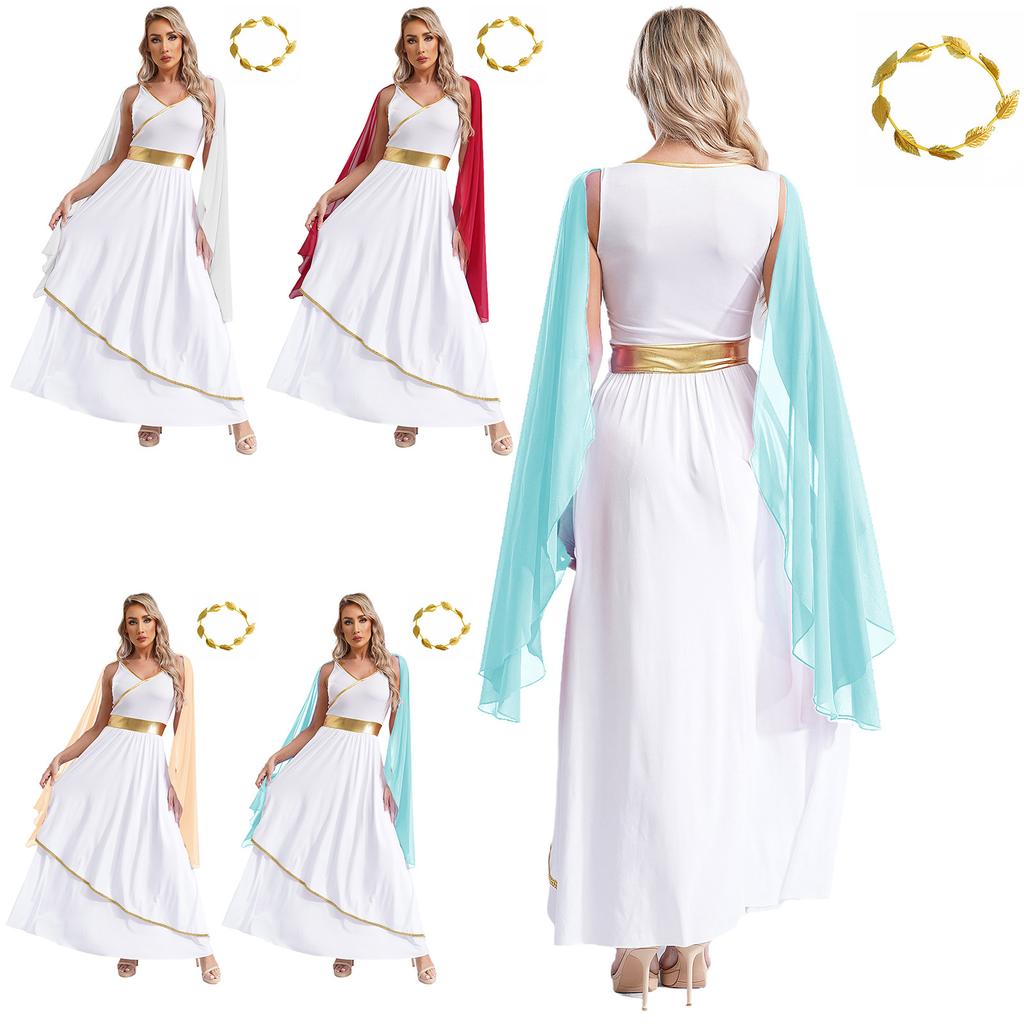 Womens Ancient Greek Roman Queen Costume V Neck Sleeveless Gold Trim Toga Dress Artificial Leaf Garland Headwear