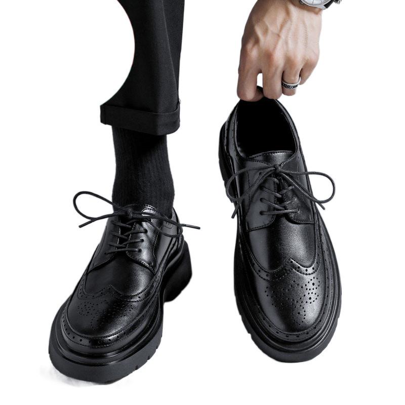 Leather shoes autumn platform heightening British style Brock business dress black wedding groom shoes