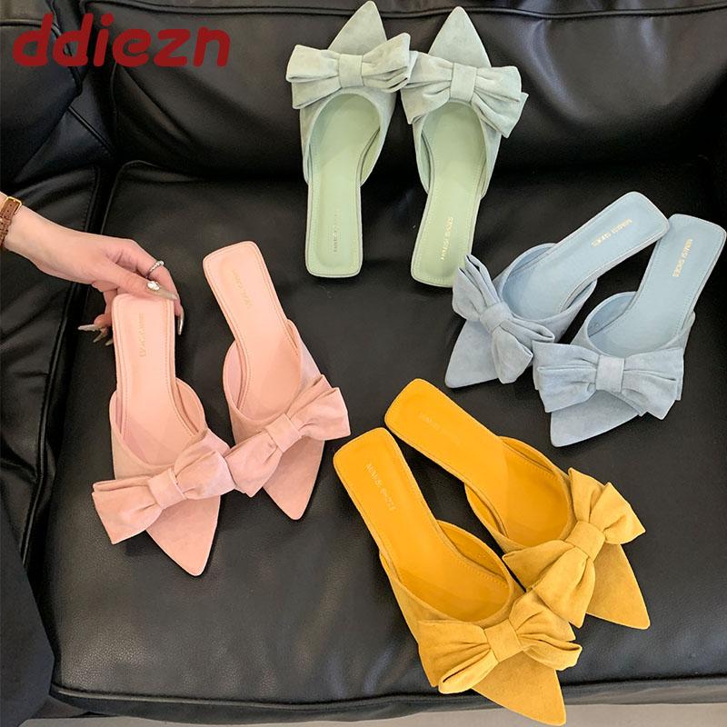 Fashion Fashion Butterfly-Knot Women Low Heel Slippers Shoes Female Slides Sandals Pointed Toe Footwear Ladies Heeled Slippers Shoes