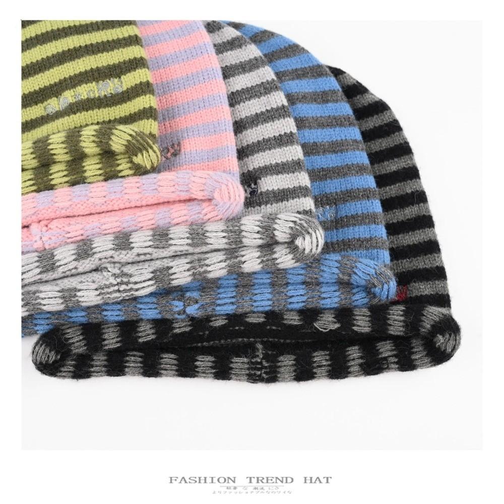 Soft Warm Striped Knit Beanie Cold Proof Slouchy Knitted Hat Autumn Winter Skullcap Men Women