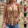 Top de damă casual fără mâneci cu franjuri, ușor, cu decolteu în V, stil vară Boho, Bluză stratificată cu ciucuri pentru activități în aer liber