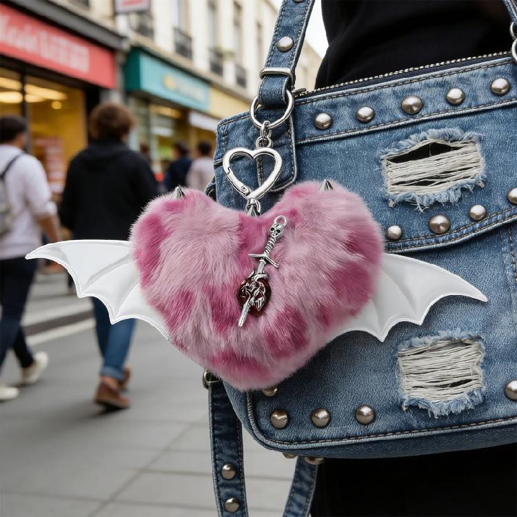 Unique Y2K Themed Fuzzy Keychain With Winged Heart Charm Delicate Keyrings Pendant Accessory For Bags And Keys