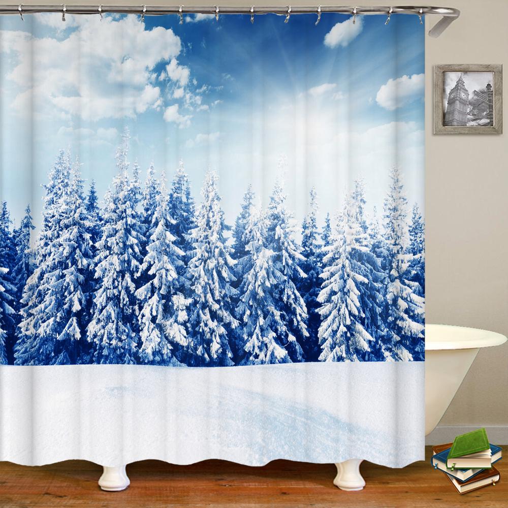 Natural Landscape Shower Curtains Bathroom Curtain Snow Scene Cedar Waterproof Polyester Bath Curtain Home Decorationwith Hooks