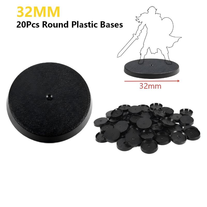 20 stk 32 mm runde wargame-miniatyrbaser Svart plast Flat stabil figurholder For bordspill Wargaming Modell Hobby DIY Maling