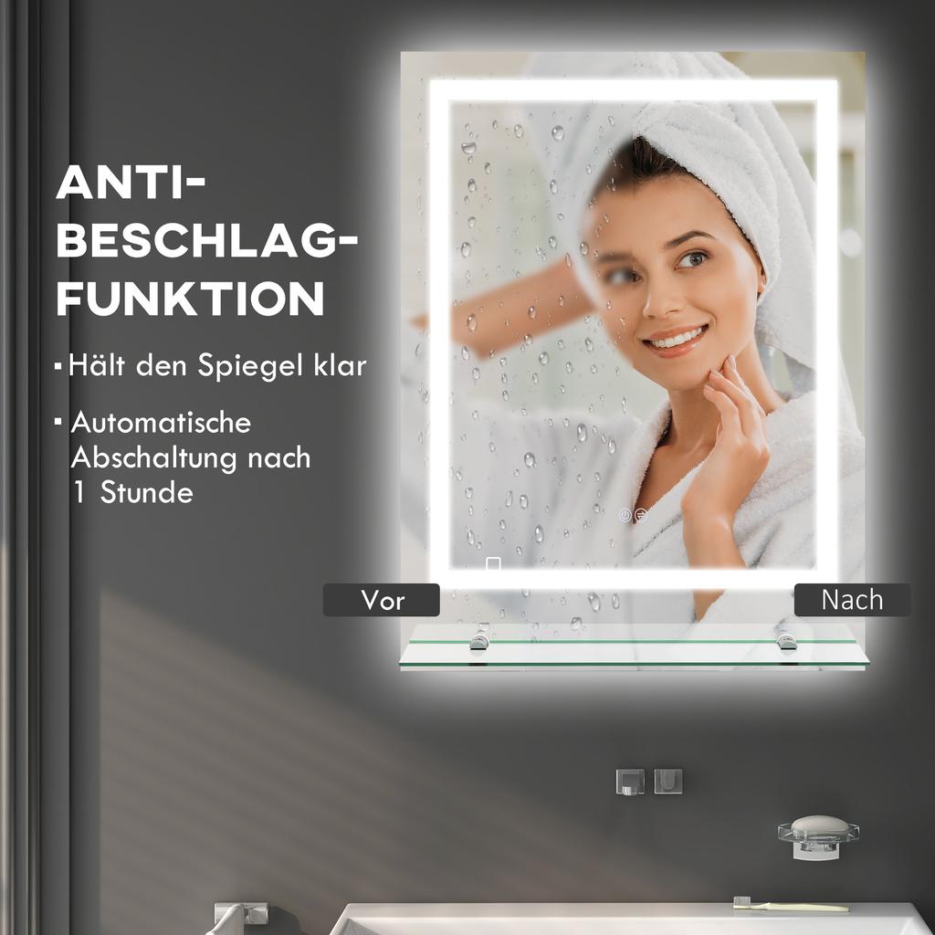 Großer Kosmetikspiegel mit Beleuchtung und Ablage, Beleuchteter Badezimmerspiegel mit 3 Farbhelligkeiten, Intelligente Touch-Steuerung, Antibeschlag