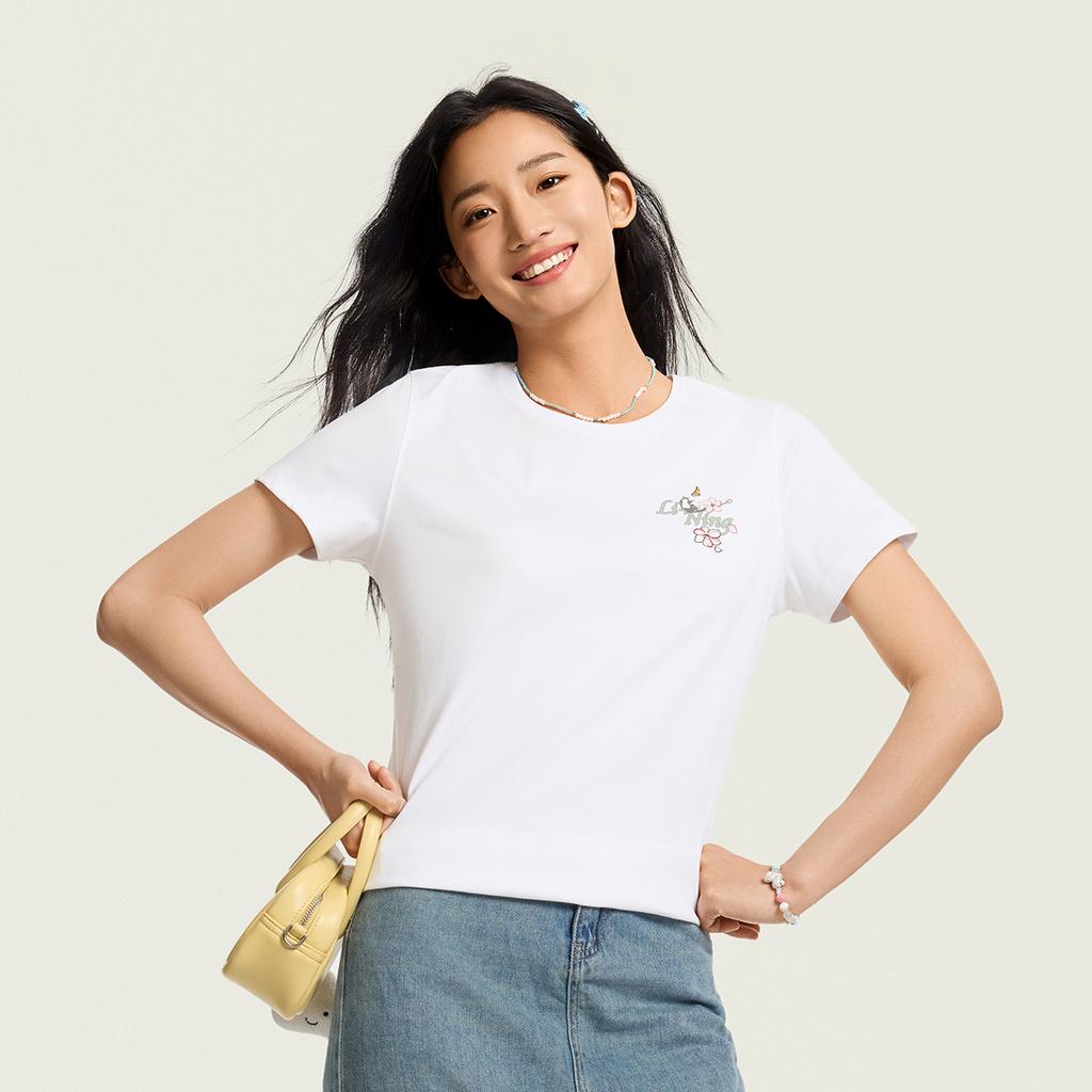 Li-Ning Sport Lifestyle Series Pattern Print Embroidered Round Neck T-Shirt Women tops ATSW310-6