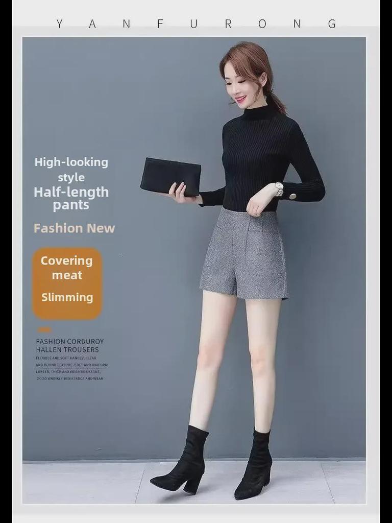 Spring 2024 Korean High-Waist Wool A-Line Shorts - Women's Wide-Leg Casual Outerwear