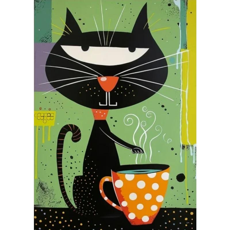 Whimsical Black Cat Drink Coffee Poster For Bedroom Nursery Cartoon Animal Canvas Painting Cute Cat Illustration Print Wall Art