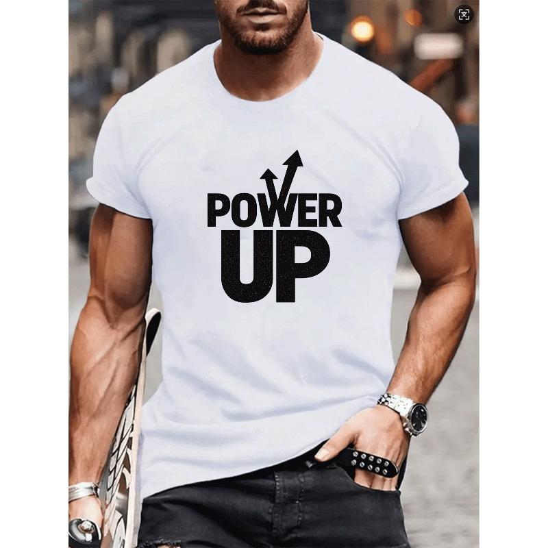 

European sizes POWER UP Letter Arrow Print, Suitable for Outdoor Sports, Weekend Casual Wear, Light Round-neck Short-sleeved, Versatile Daily Top 4XL білий