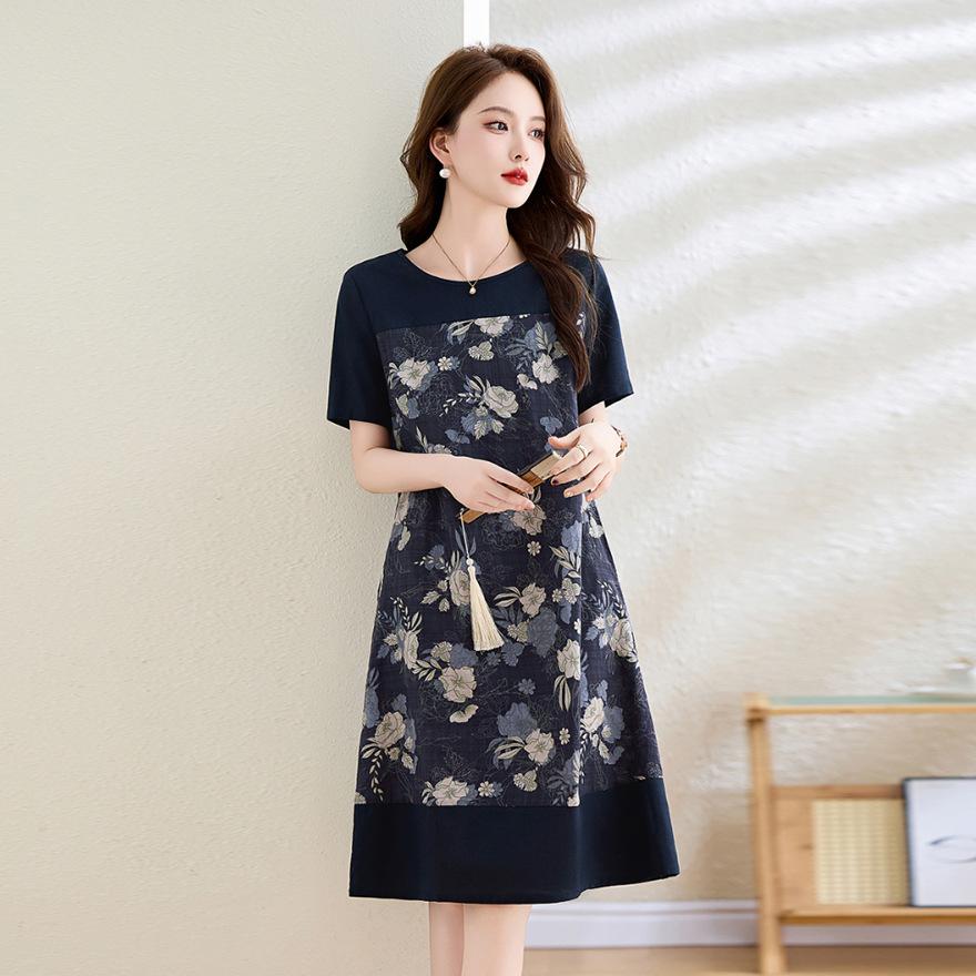 

Хлопково-льняное платье женское летнее новое маленькое темпераментное свободное скрывающее живот и стройнящее повседневное 2XL тёмно-синий