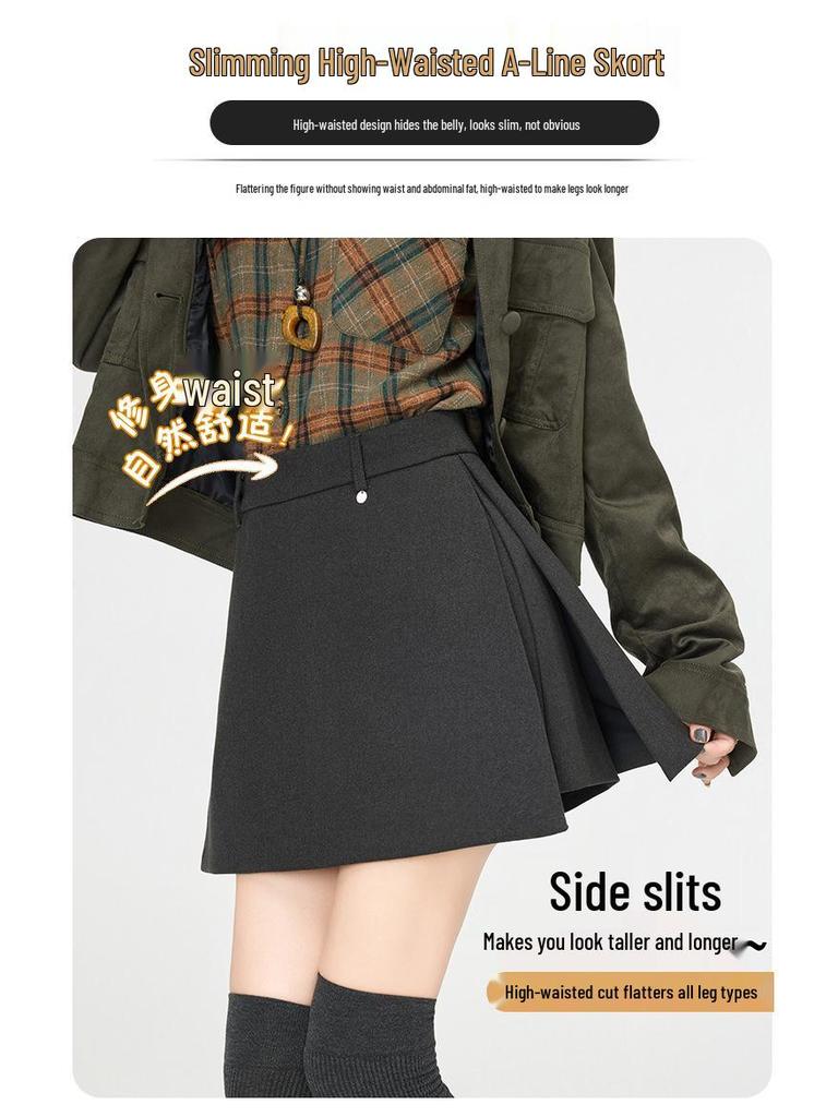 Women's High Waist Gray Wool Blend Skirt Shorts - Autumn/Winter A-line Slit Design, Slimming Hip-Hugging Fit.