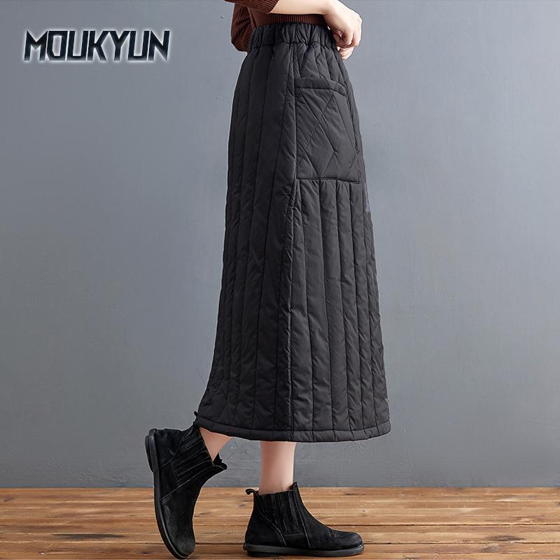Winter and Autumn New Thickened Warm Cotton Elastic High Waist Slim Pocket Skirts Black