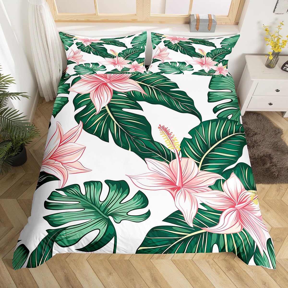 

Palm Leaves Duvet Cover, Kids Hibiscus Flower Bedding Set Twin, Floral Botanical Quilt Cover, Sweet Girlish Nature Garden Theme EU Single(135x200cm)
