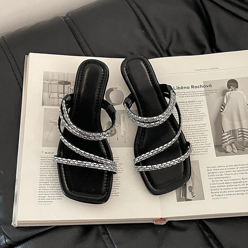 French low-heeled temperament cool slippers fairy shoes summer wear strap slippers combination rhinestone wedge sandals woman