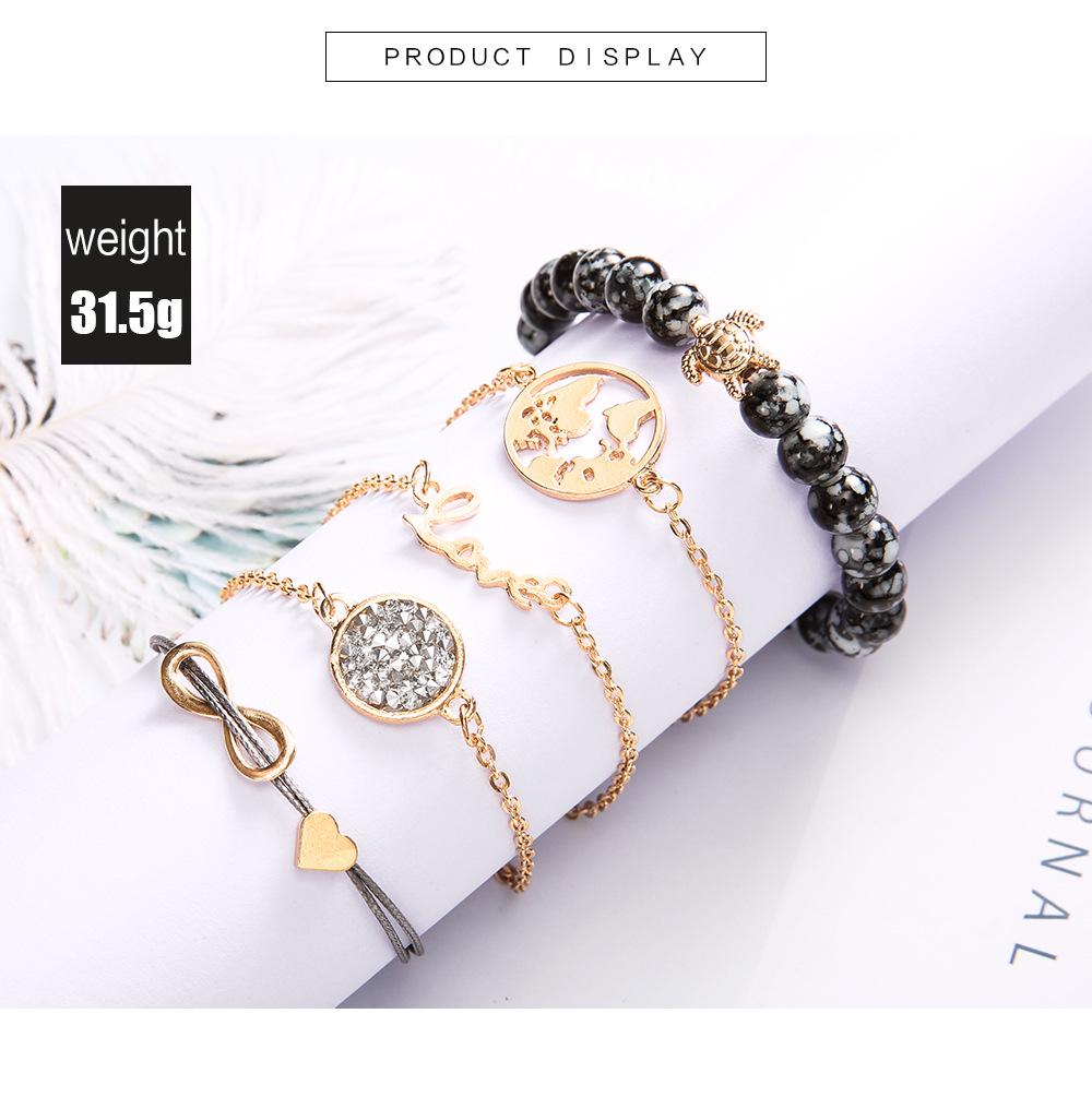 Gray Beaded Turtle & World Map Bracelet Set: 5-Piece Woven Love, Diamond, & Turquoise Accents