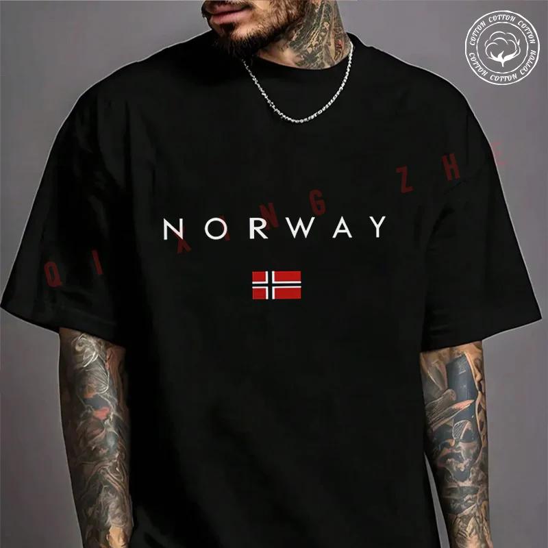 NORWAY Letter Print With Norwegian Flag Pattern Motorcycle Men's Cotton Casual Summer Short Sl