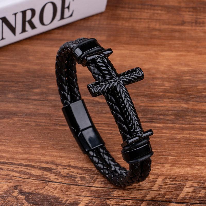 Black Cross Braided Bracelet Retro Spiritual Accessory Multi-Color PU Leather Design Jesus Cross Charm Cuff Bracelts for Man
