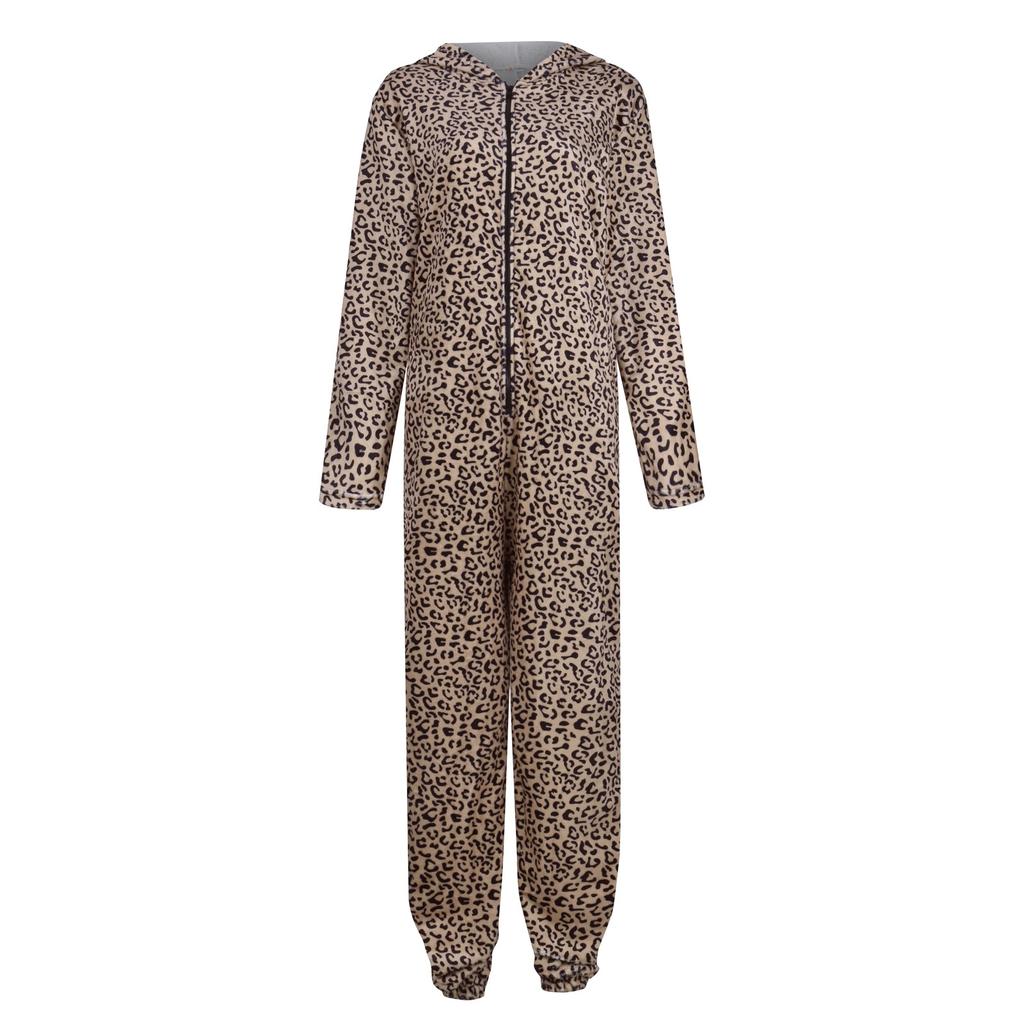 Women's Fashion Printed Plush Hooded Long Sleeve Warm Home Jumpsuit With Ears