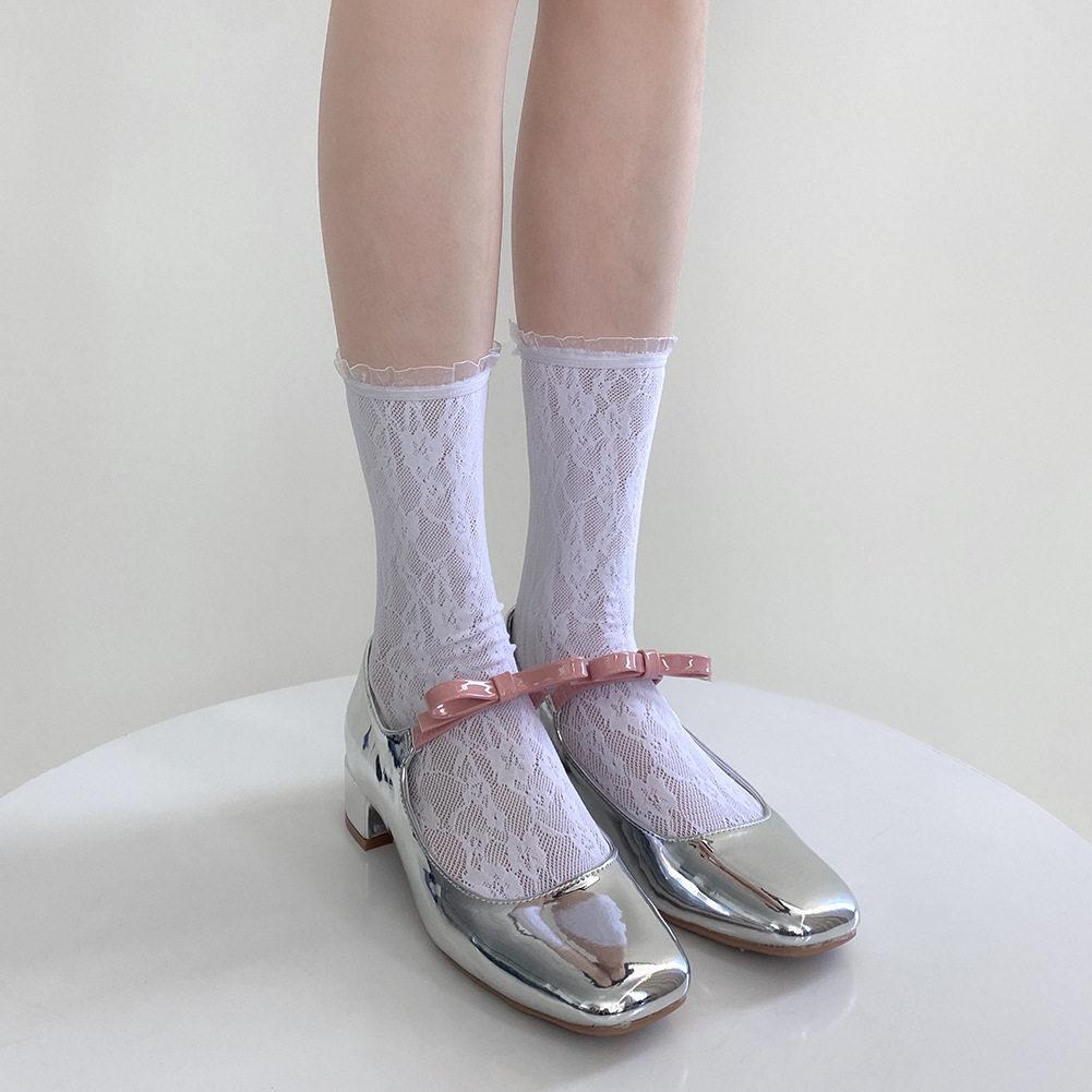 Spring And Summer Thin Meat-Through Lace Tube Socks Women'S White Hollow Mesh Stacking Socks Japanese Sweet Calf Socks