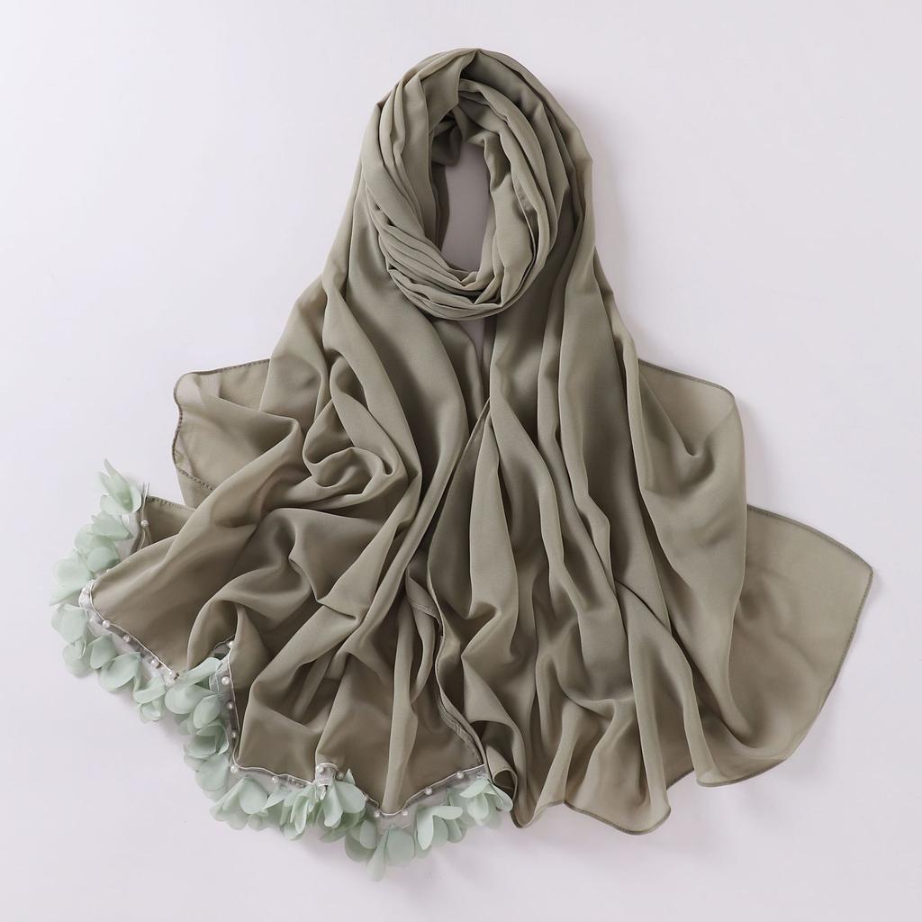Fashion Bubble Pearl Chiffon Scarf Flower Beads Hijab Muslim Women Headscarf Turban Shawl Wrap Islam Veil Stoles Scarves Bufanda