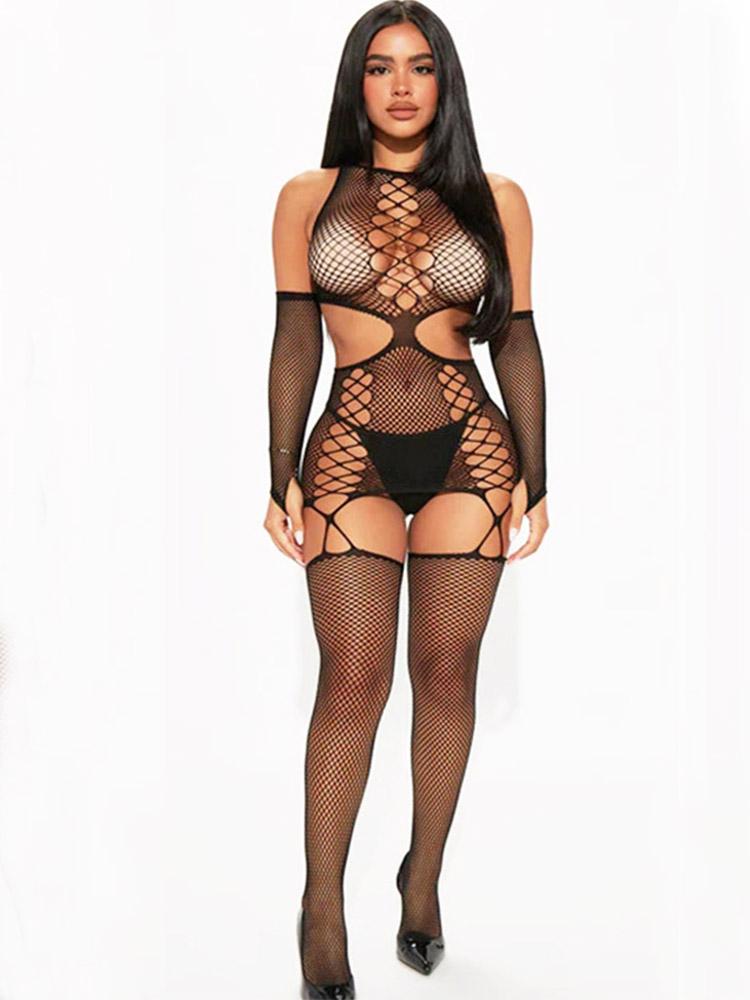 Sexy Open Crotch Fishnet Bodystockings Women Sexy Lingerie Porn Bodycon Garter Underwear Sheer Striper Bodysuits Erotic Game Set