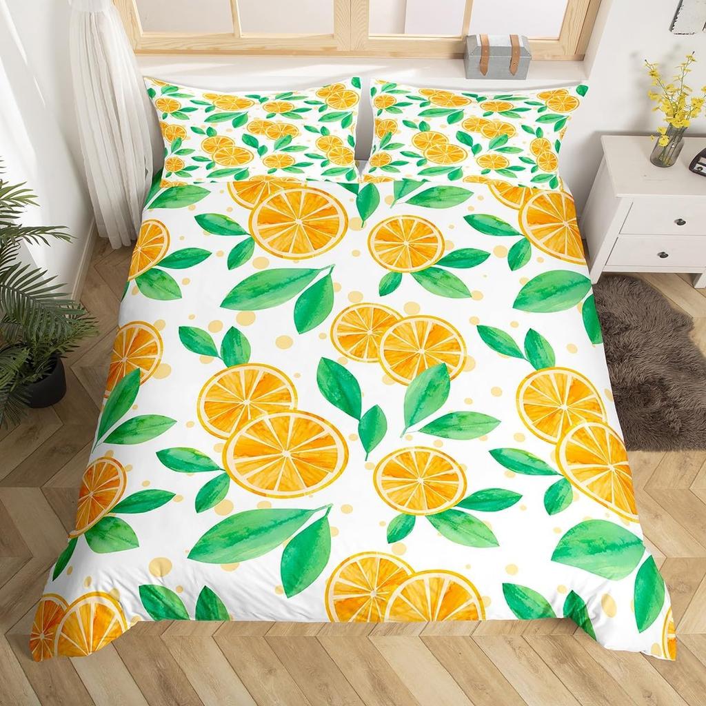 Funda Nórdica de Dibujos Animados Naranja Juego de Ropa de Cama de Naranjas Frescas Para Niños Niñas Funda de Edredón de Frutas Cítricas Dibujo Animado Tamaño Completo Queen