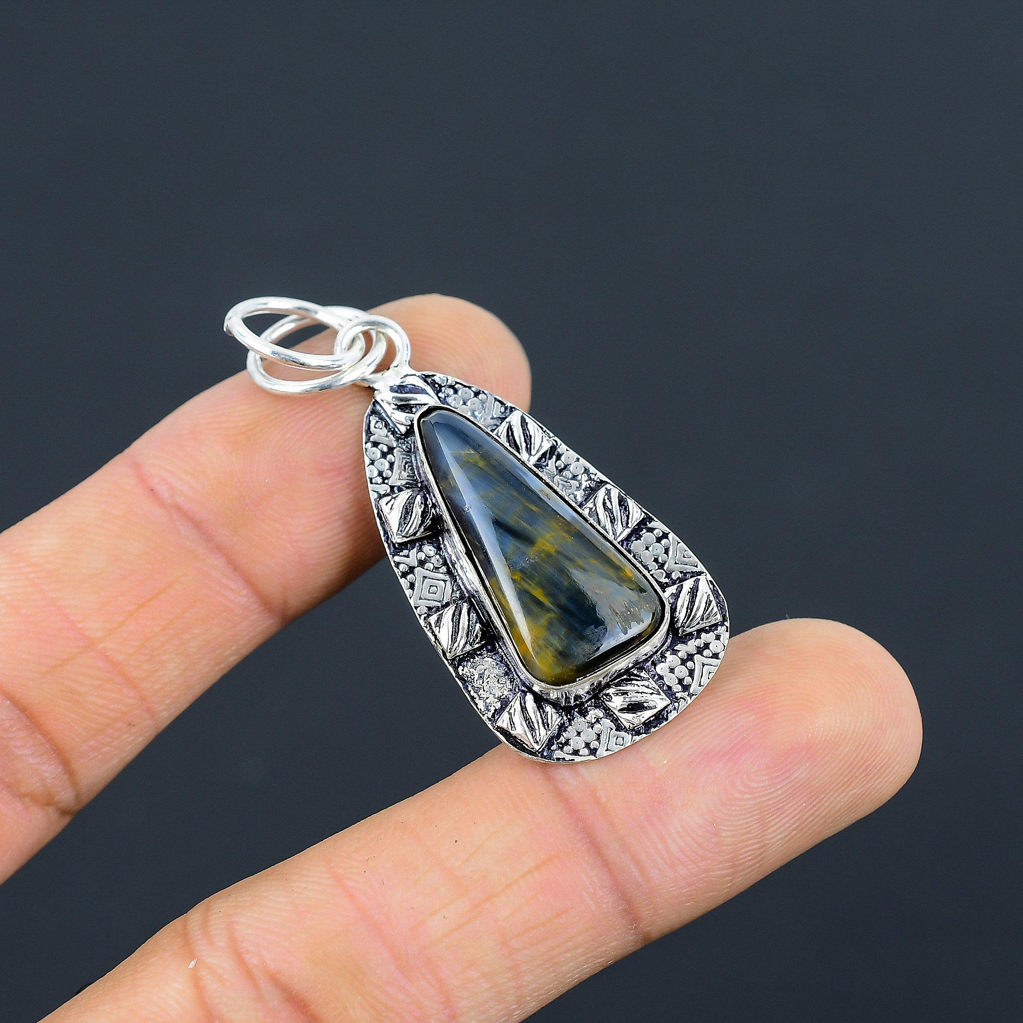 

Daughters Day Deal Trillion Pietersite Stone Wedding Bezel Pendant 925 Silver