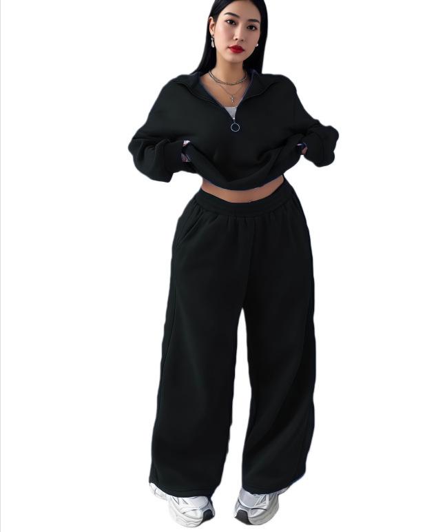2025 Women's Casual Half-Zip Hoodie and Long Pants Set - European & American Autumn/Winter Style.