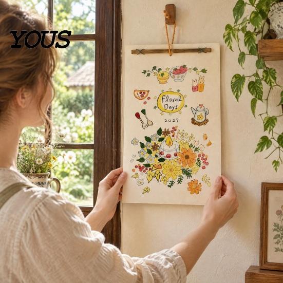 Vintage Style Date Record 2027 Wall Calendar with Wind And Flower Illustrations, Hand-Painted Retro Linen Artistic Hanging Texture Paper, 12
